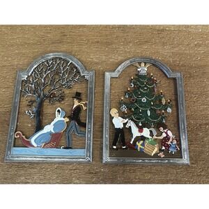 VTG Wilhelm Schweizer German Pewter Christmas Window Hangings Hand Painted Set/2